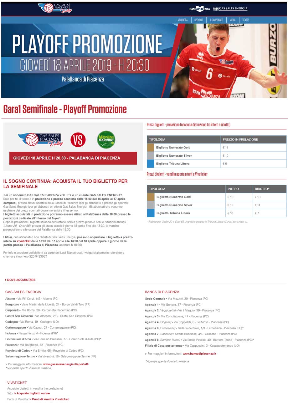 GAS SALES PIACENZA AI PLAYOFF: INFO BIGLIETTI
