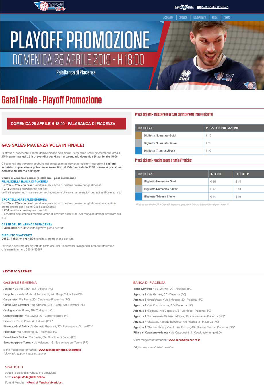 GAS SALES PIACENZA AI PLAYOFF: INFO BIGLIETTI