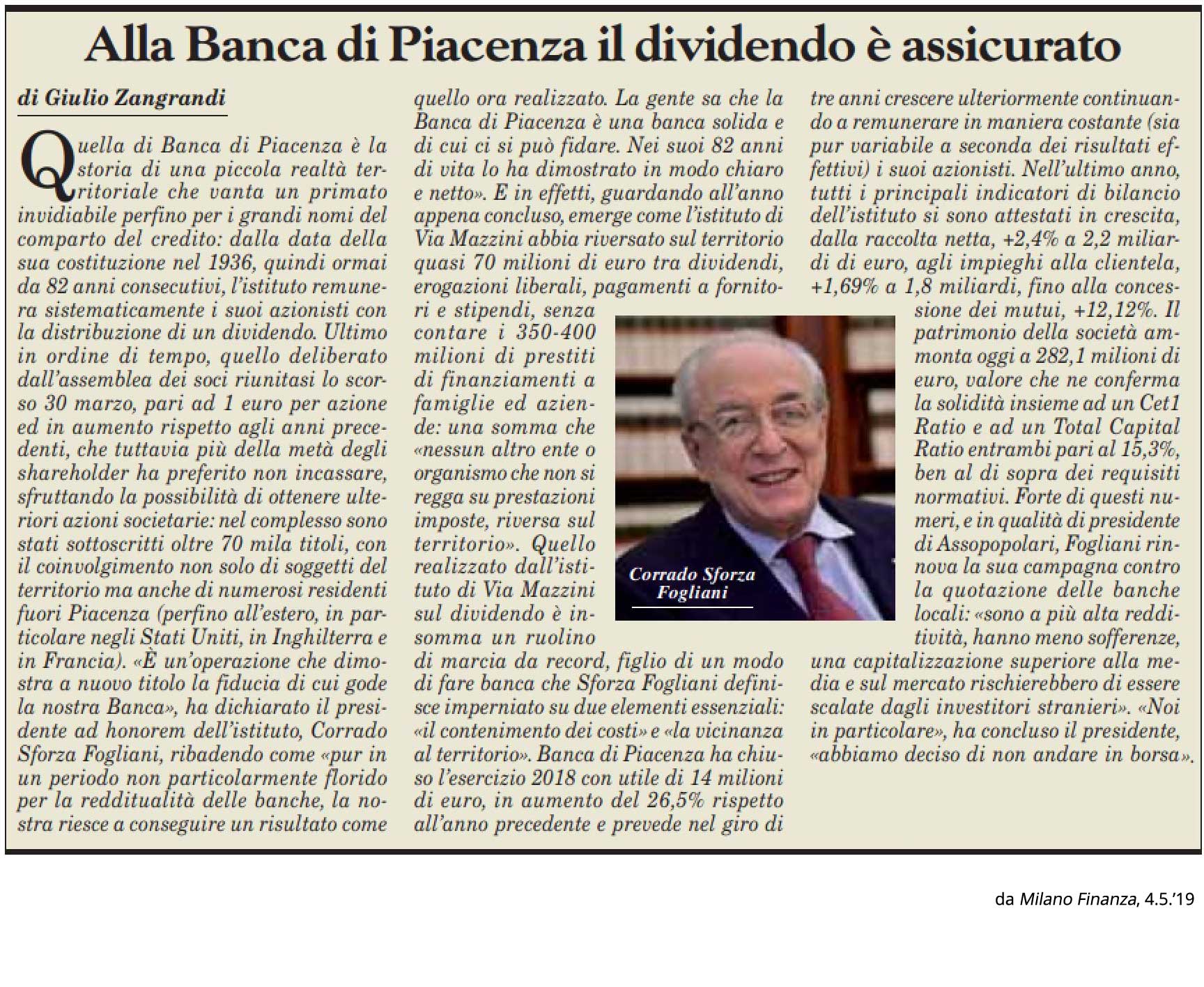 Alla Banca di Piacenza il dividendo è assicurato