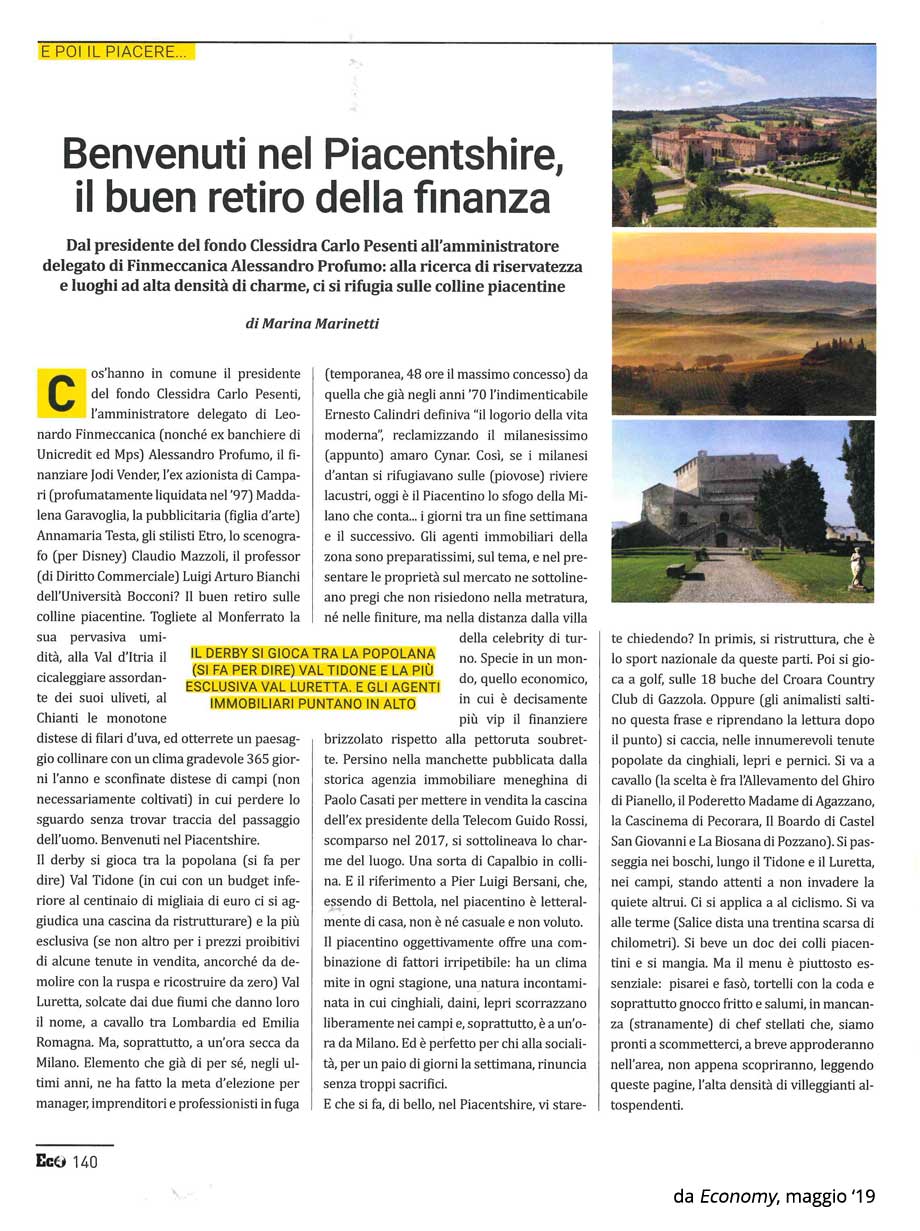 Benvenuti nel Piacentshire, il buen retiro della finanza