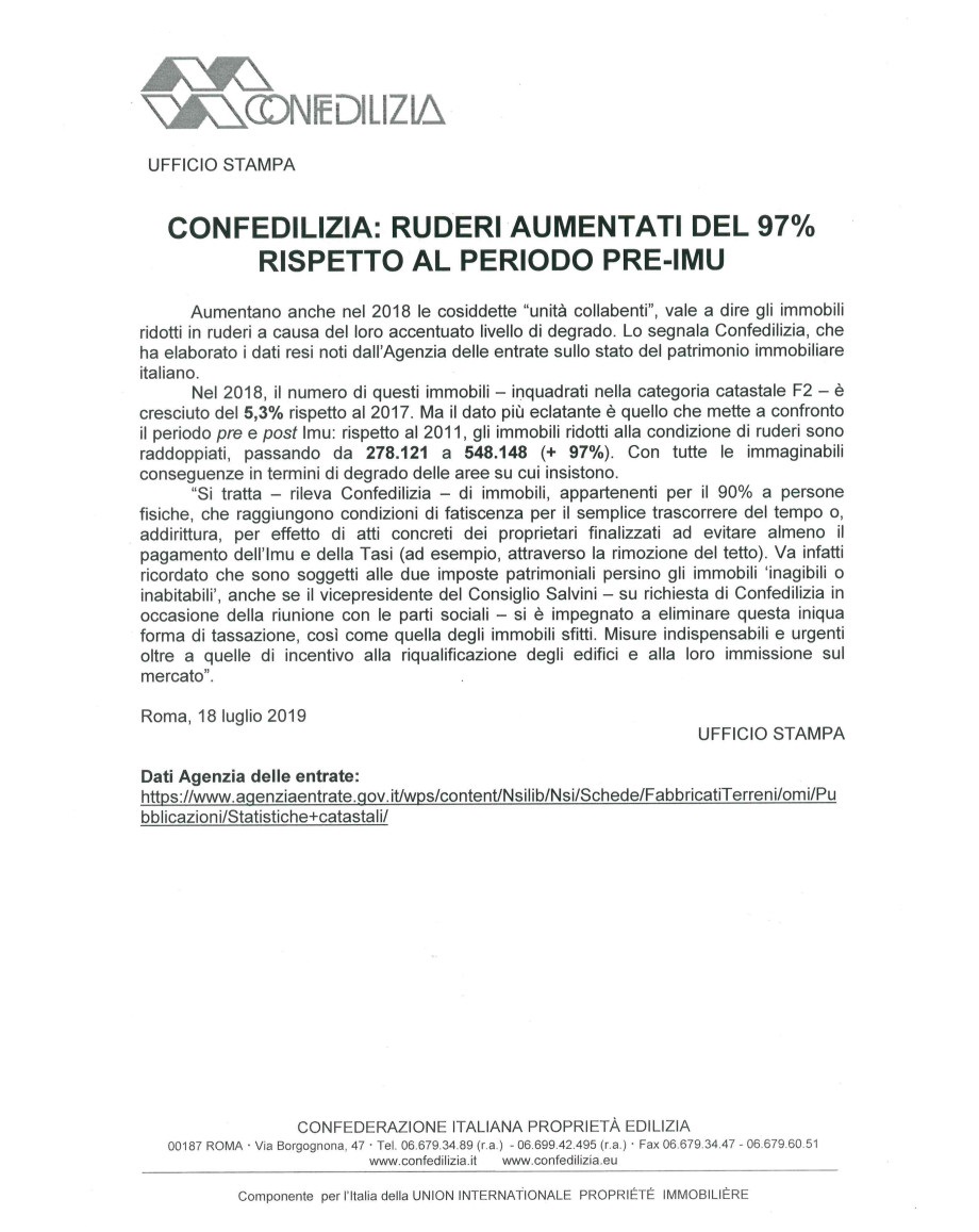 confedilizia : ruderi aumentati 97%