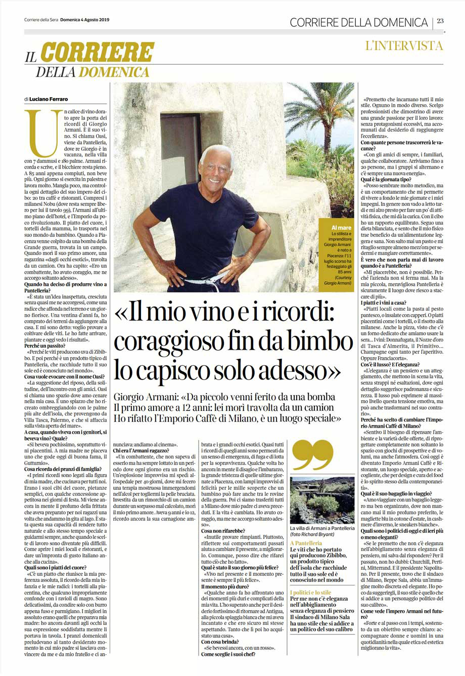 Intervista al piacentino Giorgio Armani sul Corsera