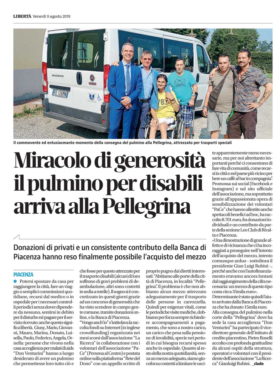 Miracolo di generosità il pulmino per disabili arriva alla Pellegrina