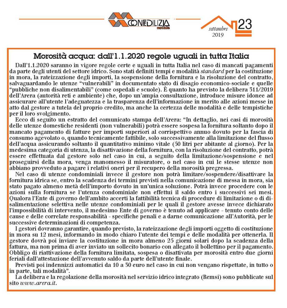 Morosità acqua: dall'1.1.2020 regole uguali in tutta Italia