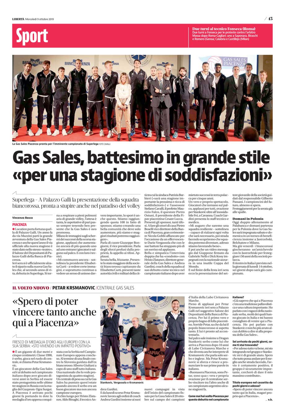 Gas Sales, battesimo in grande stile «per una stagione di soddisfazioni»
