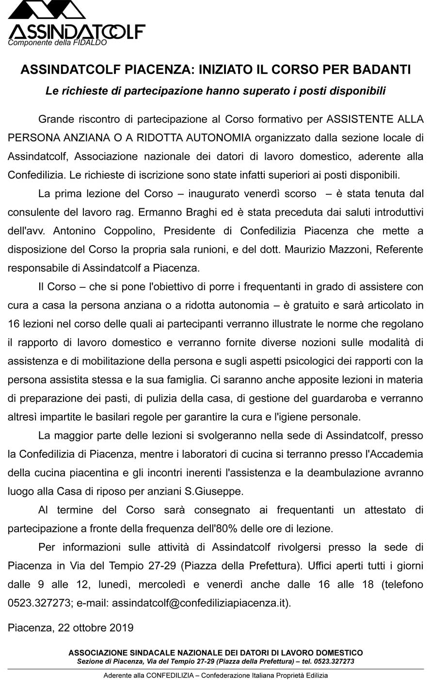 ASSINDATCOLF PIACENZA: INIZIATO IL CORSO PER BADANTI