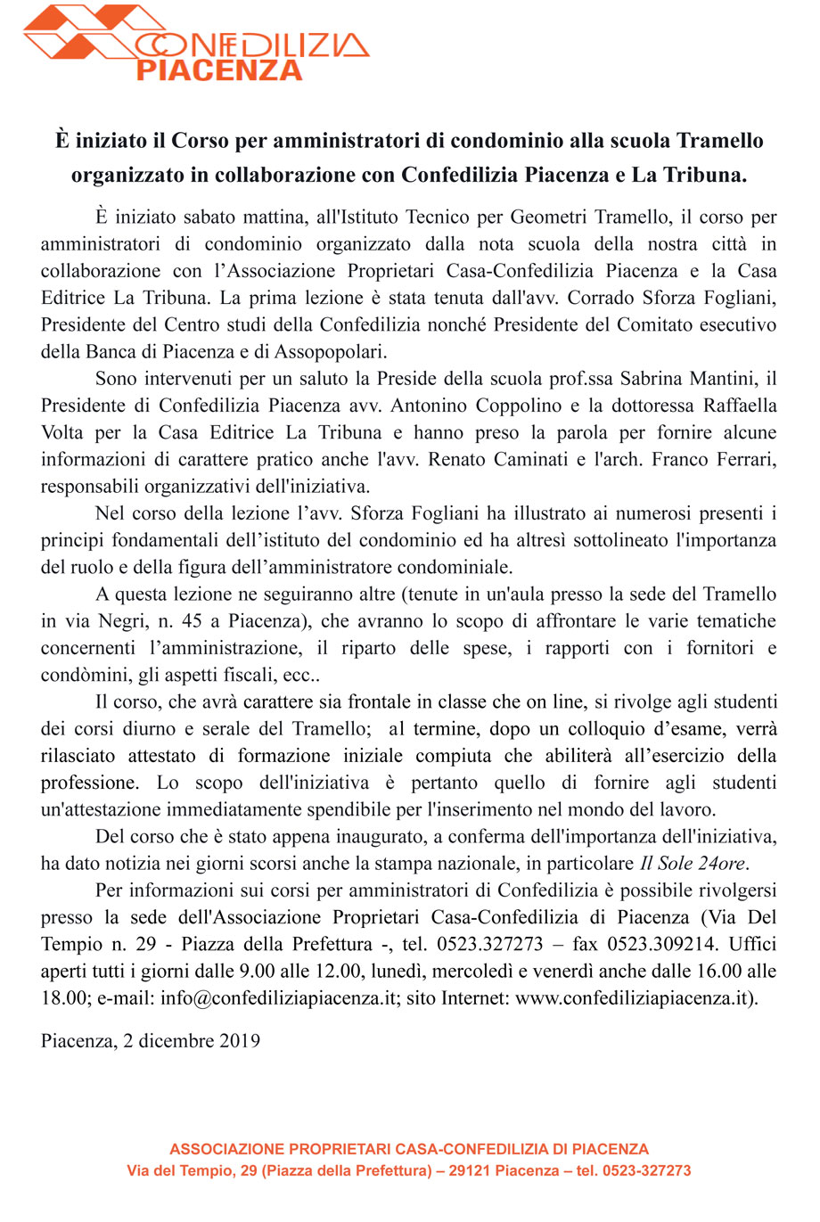 è iniziato il Corso per amministratori di condominio alla scuola Tramello organizzato in collaborazi