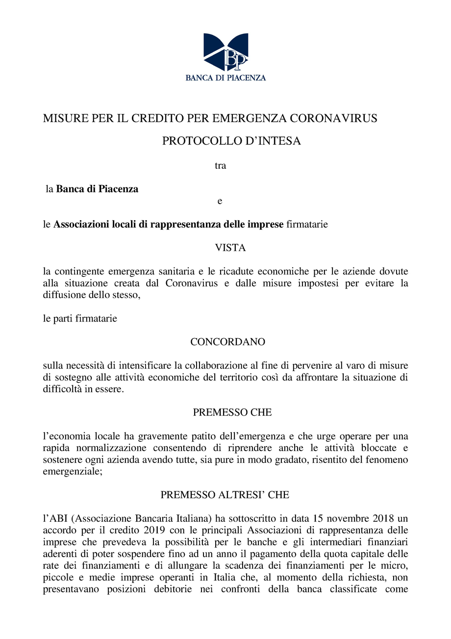 Protocollo d'intesa tra Banca di Piacenza e Associazioni di categoria