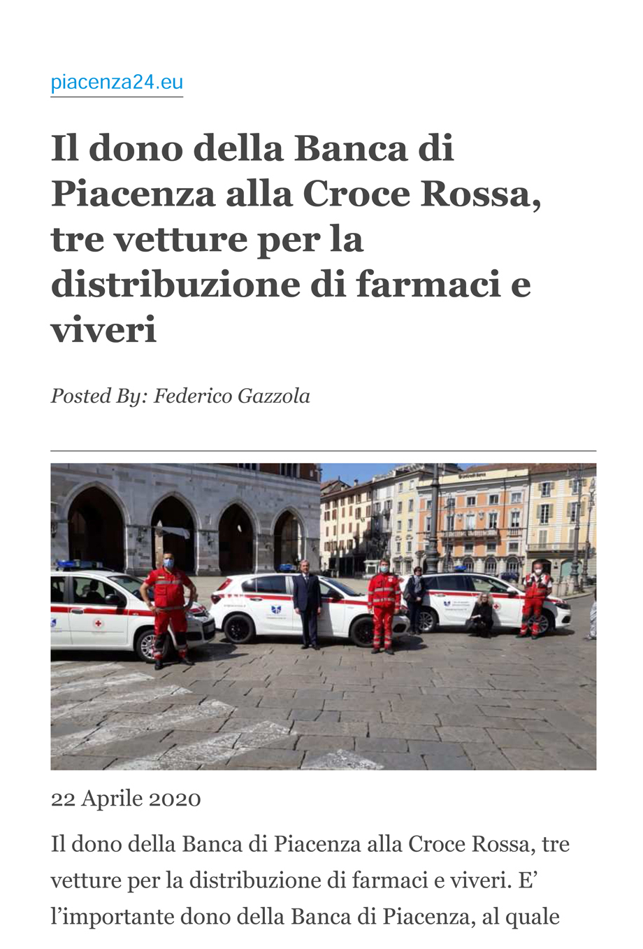 Il dono della Banca di Piacenza alla Croce Rossa, tre vetture per la distribuzione di farmaci e vive