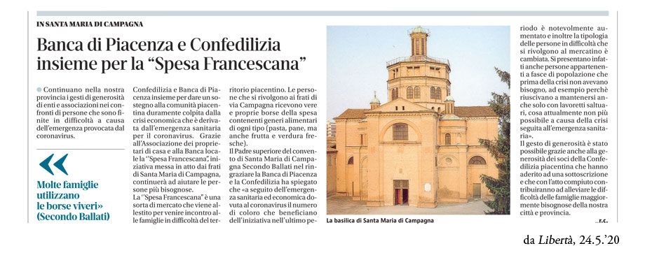 Banca di Piacenza e Confedilizia insieme per la Spesa Francescana