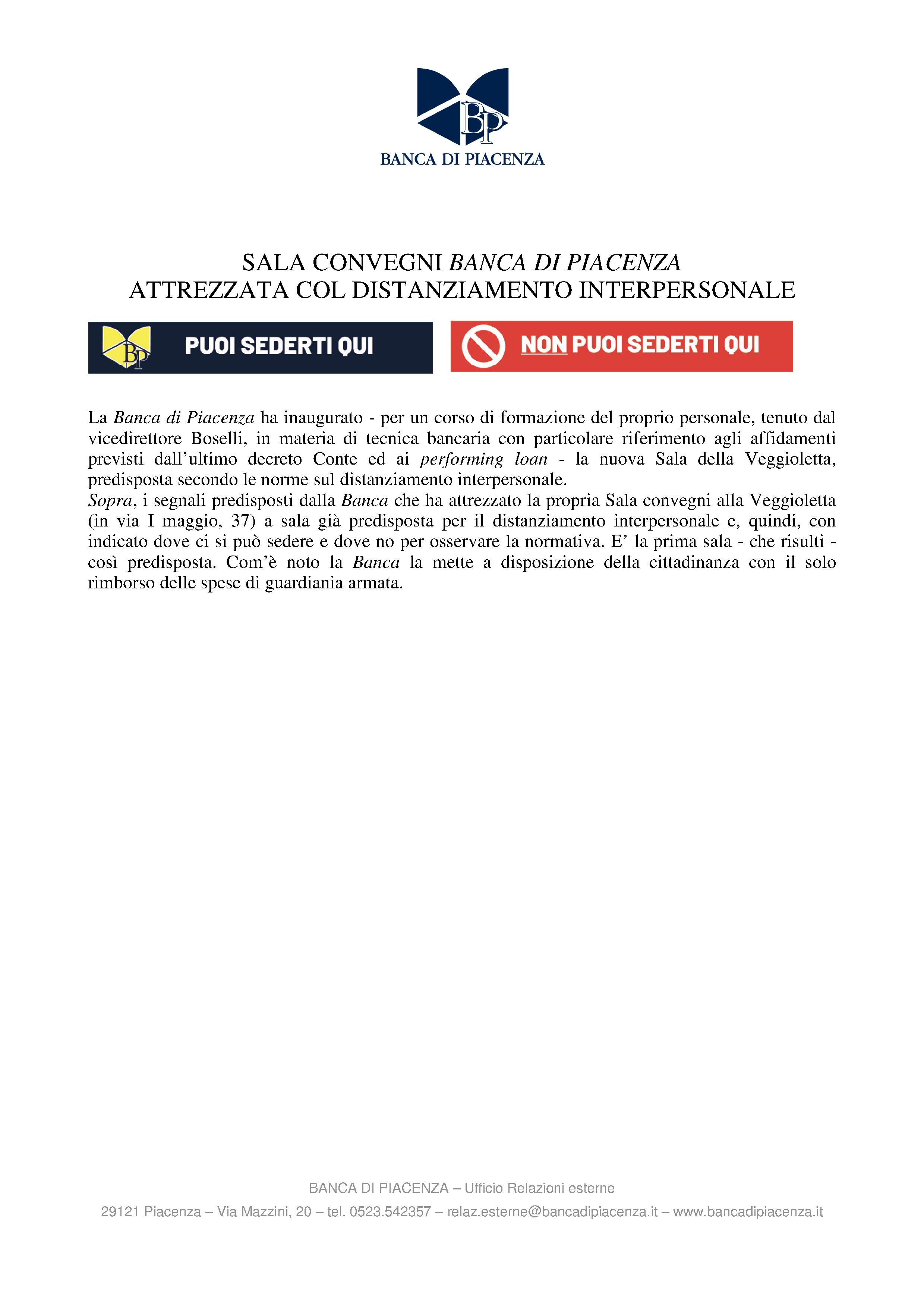SALA CONVEGNI BANCA DI PIACENZA ATTREZZATA COL DISTANZIAMENTO INTERPERSONALE