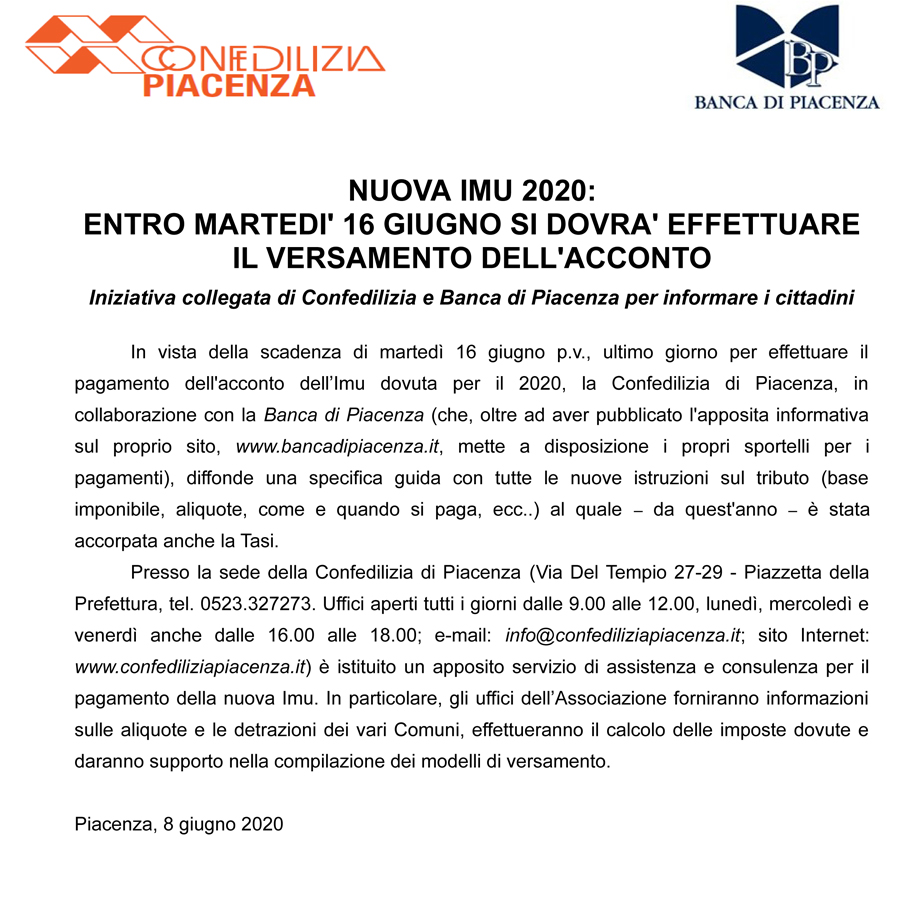 NUOVA IMU 2020: ENTRO MARTEDI' 16 GIUGNO SI DOVRA' EFFETTUARE IL VERSAMENTO DELL'ACCONTO