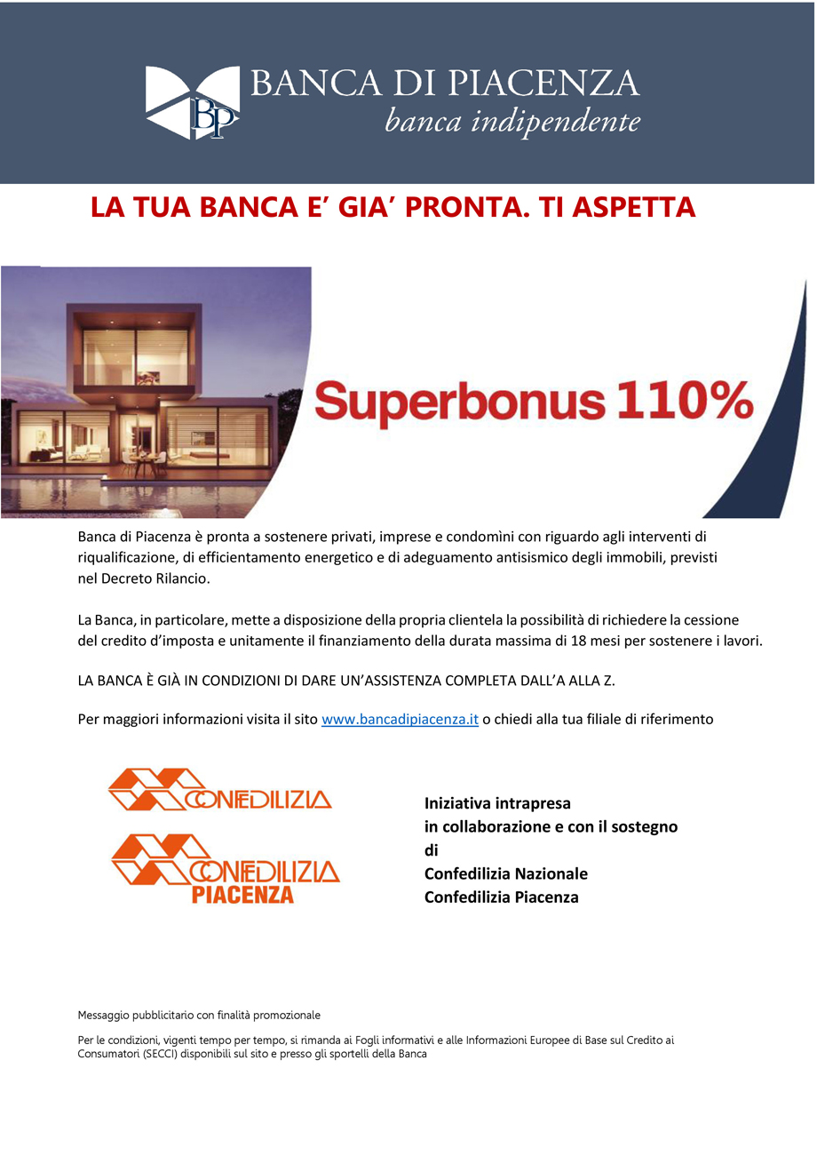 SUPERBONUS 110%: ACCORDO BANCA DI PIACENZA-CONFEDILIZIA