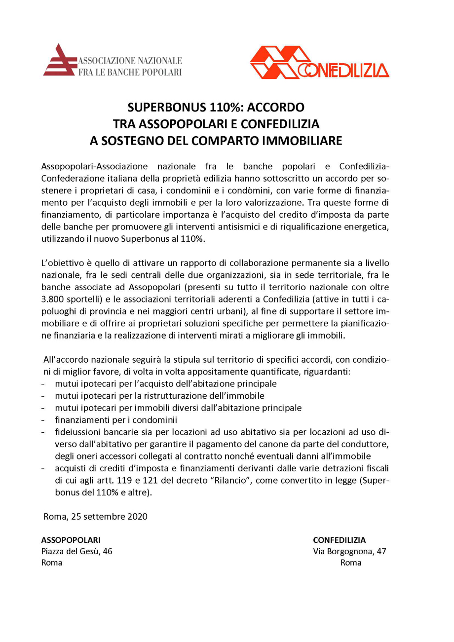 SUPERBONUS 110%: ACCORDO TRA ASSOPOPOLARI E CONFEDILIZIA A SOSTEGNO DEL COMPARTO IMMOBILIARE