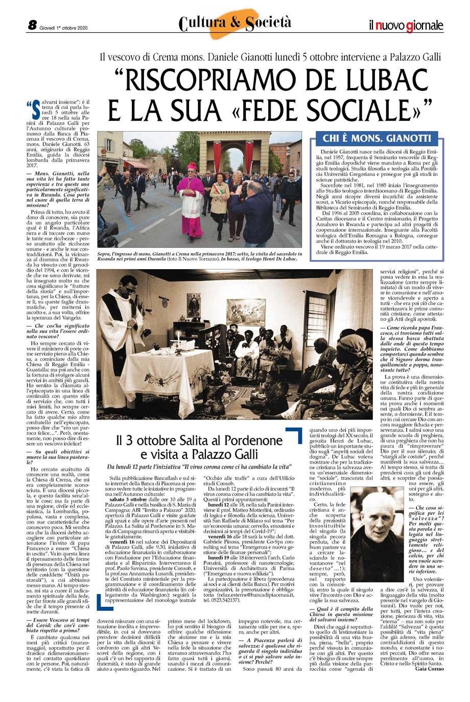 Il vescovo di Crema mons. Daniele Gianotti lunedì 5 ottobre interviene a Palazzo Galli