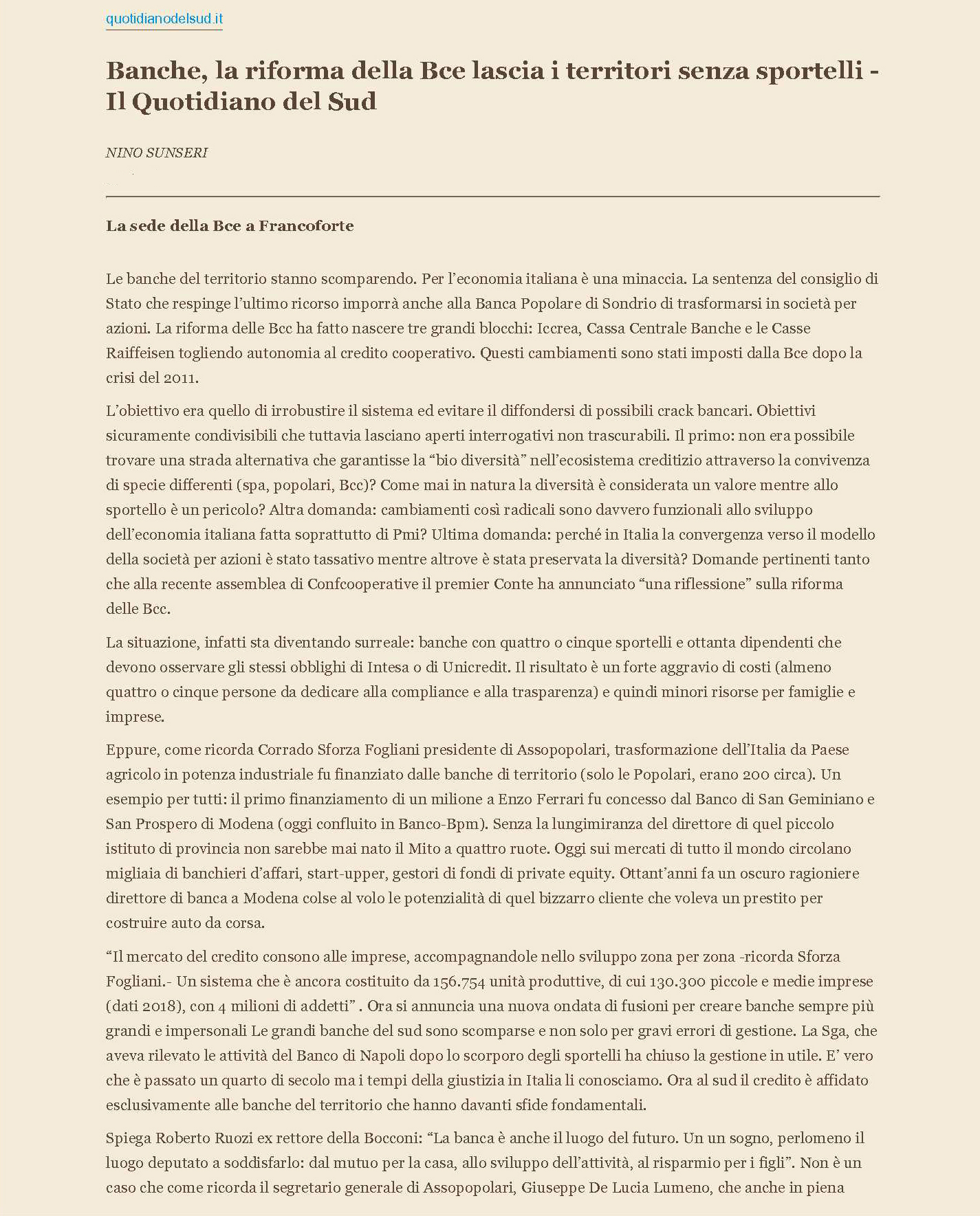 SFORZA AL QUOTIDIANO DEL SUD: PER LE PMI IL PROBLEMA SARÀ IL REPERIMENTO DEL CREDITO