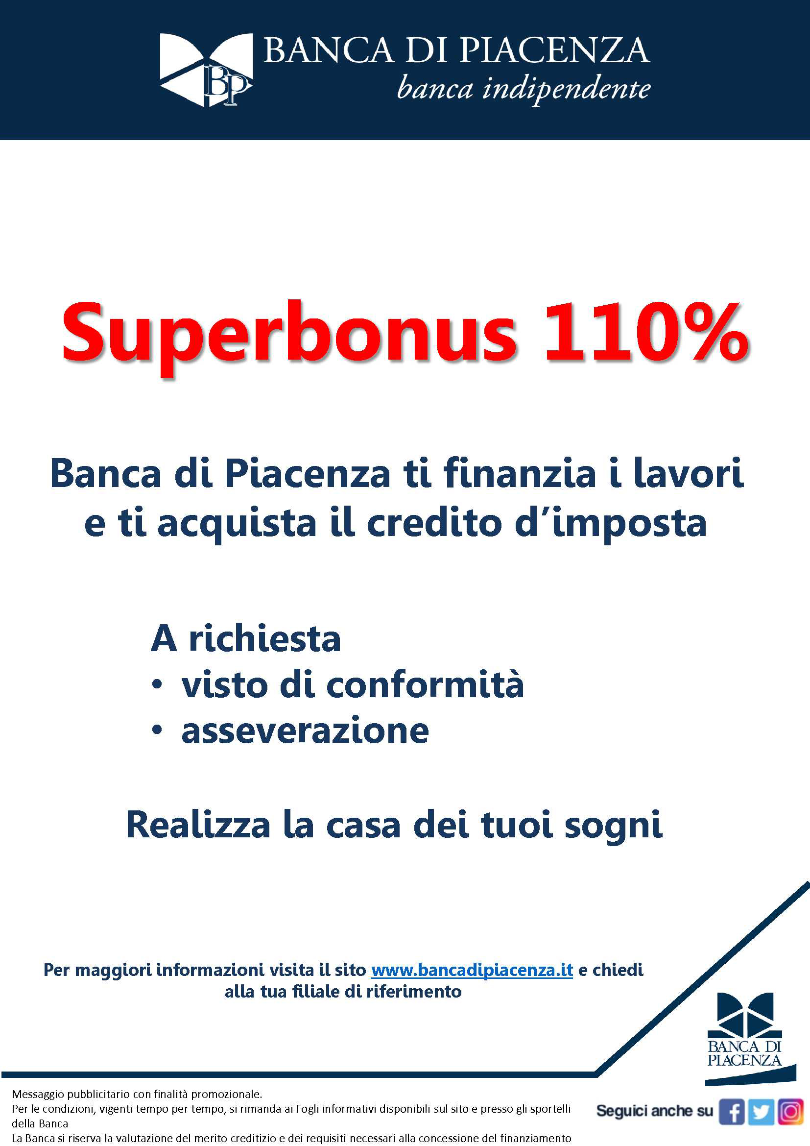 SUPERBONUS 110% Banca di Piacenza ti finanzia i lavori e ti acquista il credito d'imposta