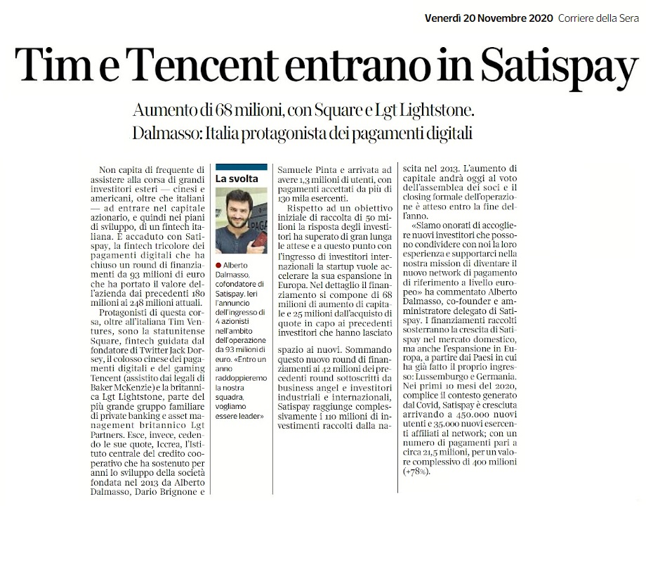 Tim e Tencent entrano in Satispay