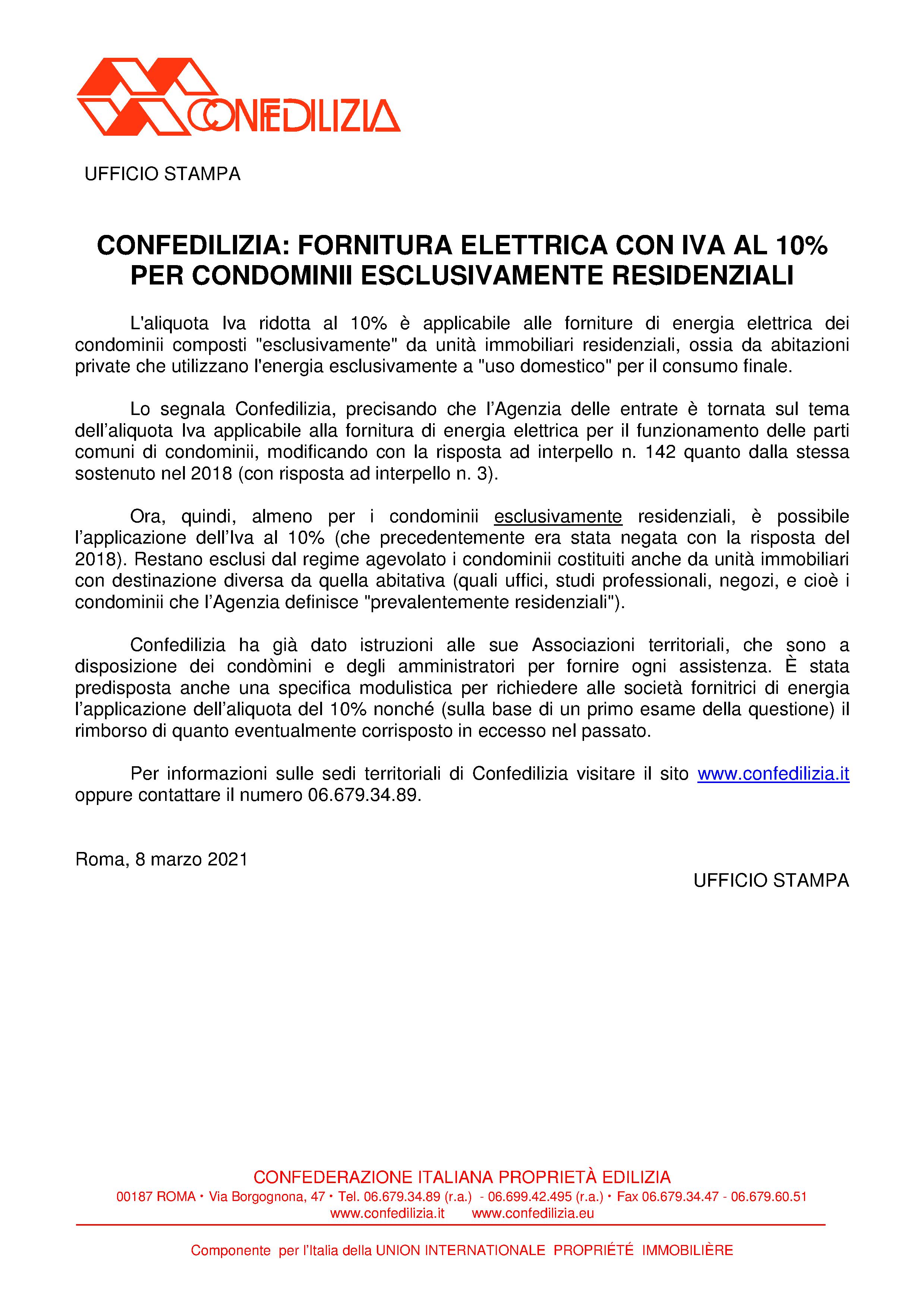 ELETTRICITÀ AL 10% PER IL CONDOMINII RESIDENZIALI