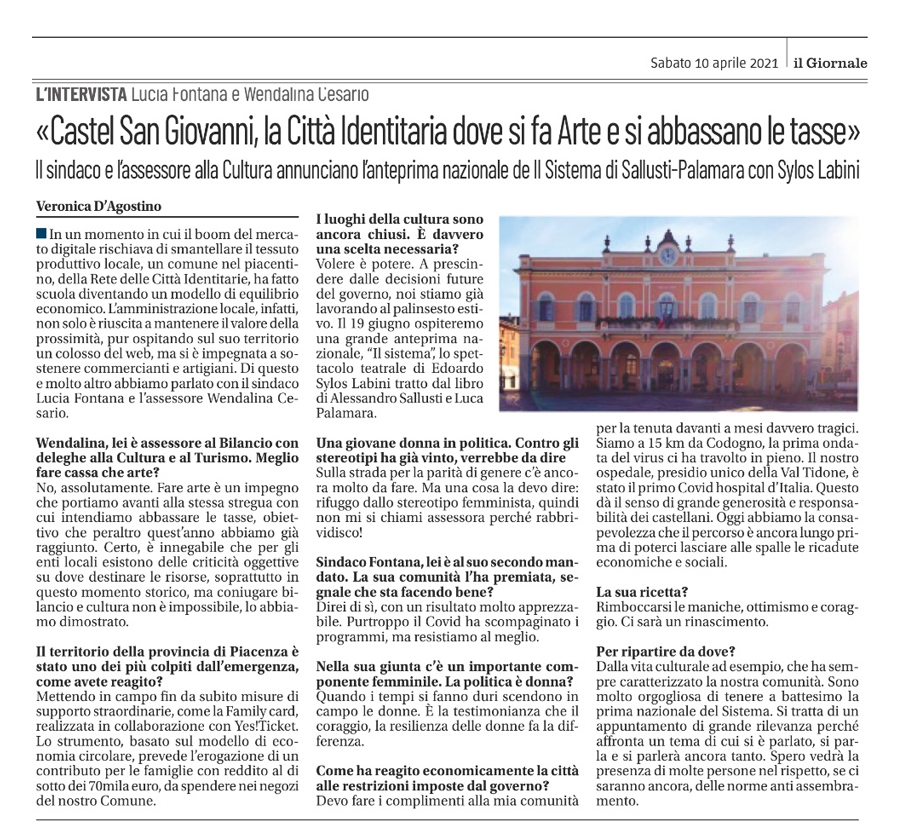 «CASTEL SAN GIOVANNI, LA CITTÀ IDENTITARIA DOVE SI FA ARTE E SI ABBASSANO LE TASSE»