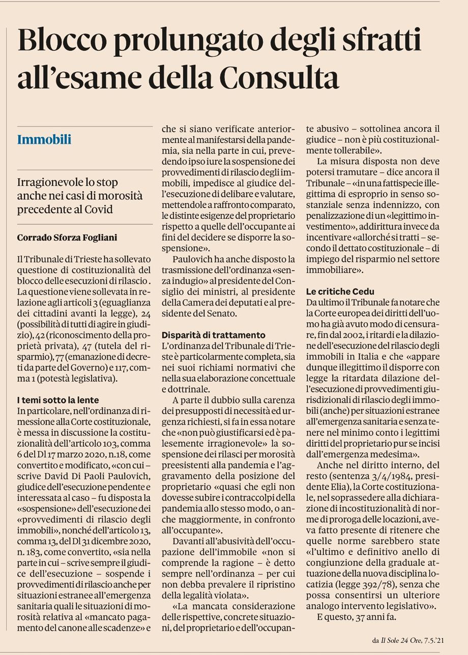 IL BLOCCO DEGLI SFRATTI ALLA CORTE COSTITUZIONALE