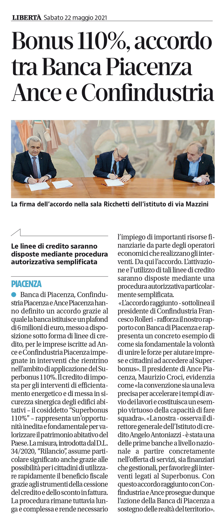 BONUS 110%, ACCORDO TRA BANCA PIACENZA ANCE E CONFINDUSTRIA
