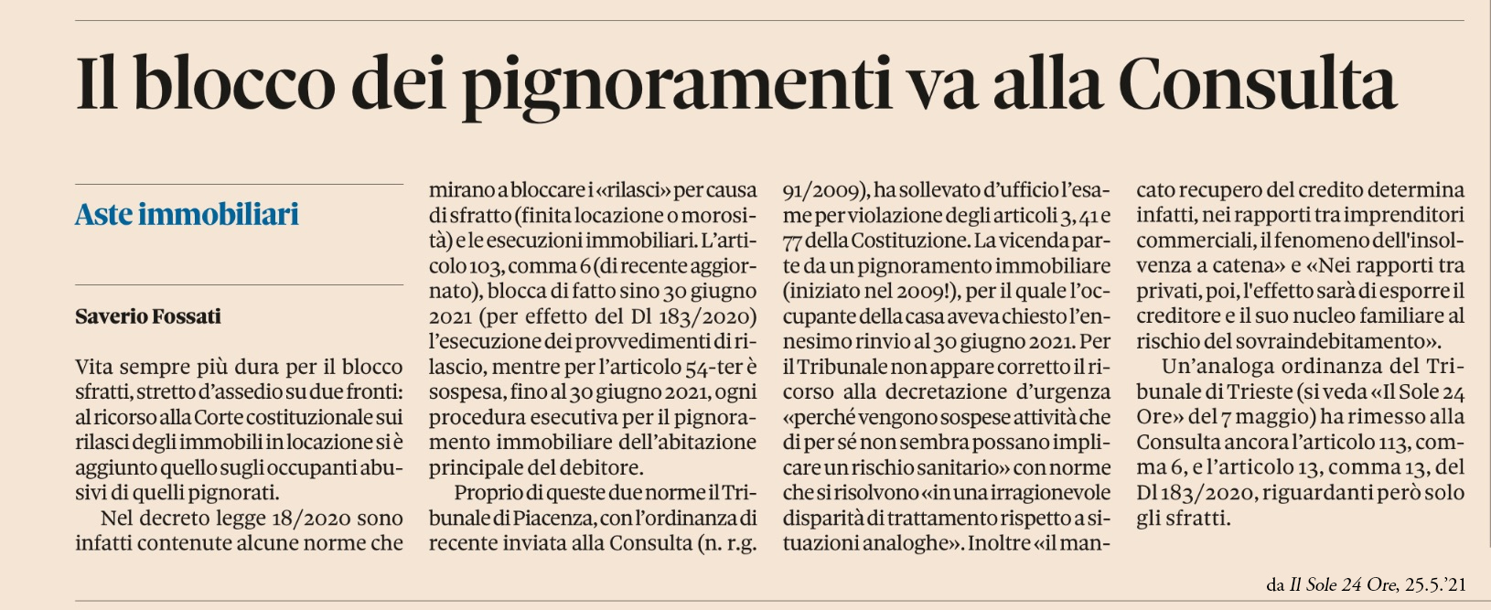 ARTICOLO DI 24 ORE SULL'ORDINANZA DI INCOSTITUZIONALITA' DEL TRIBUNALE DI PIACENZA (DOTT. FAZIO).