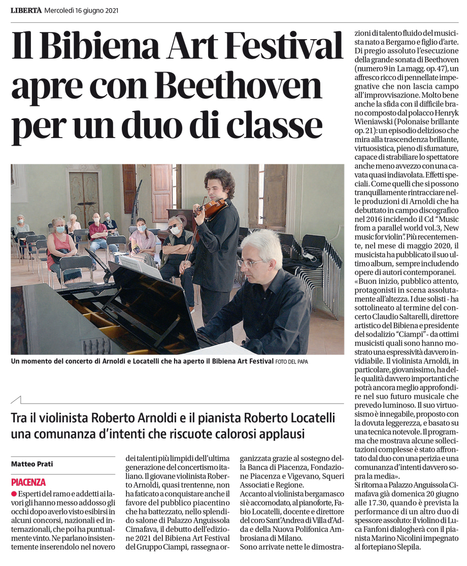 IL BIBIENA ART FESTIVAL APRE CON BEETHOVEN PER UN DUO DI CLASSE