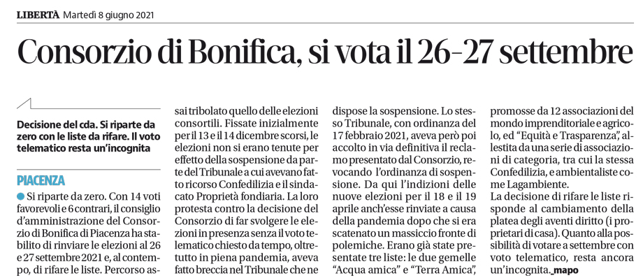 CONSORZIO DI BONIFICA, SI VOTA IL 26-27 SETTEMBRE