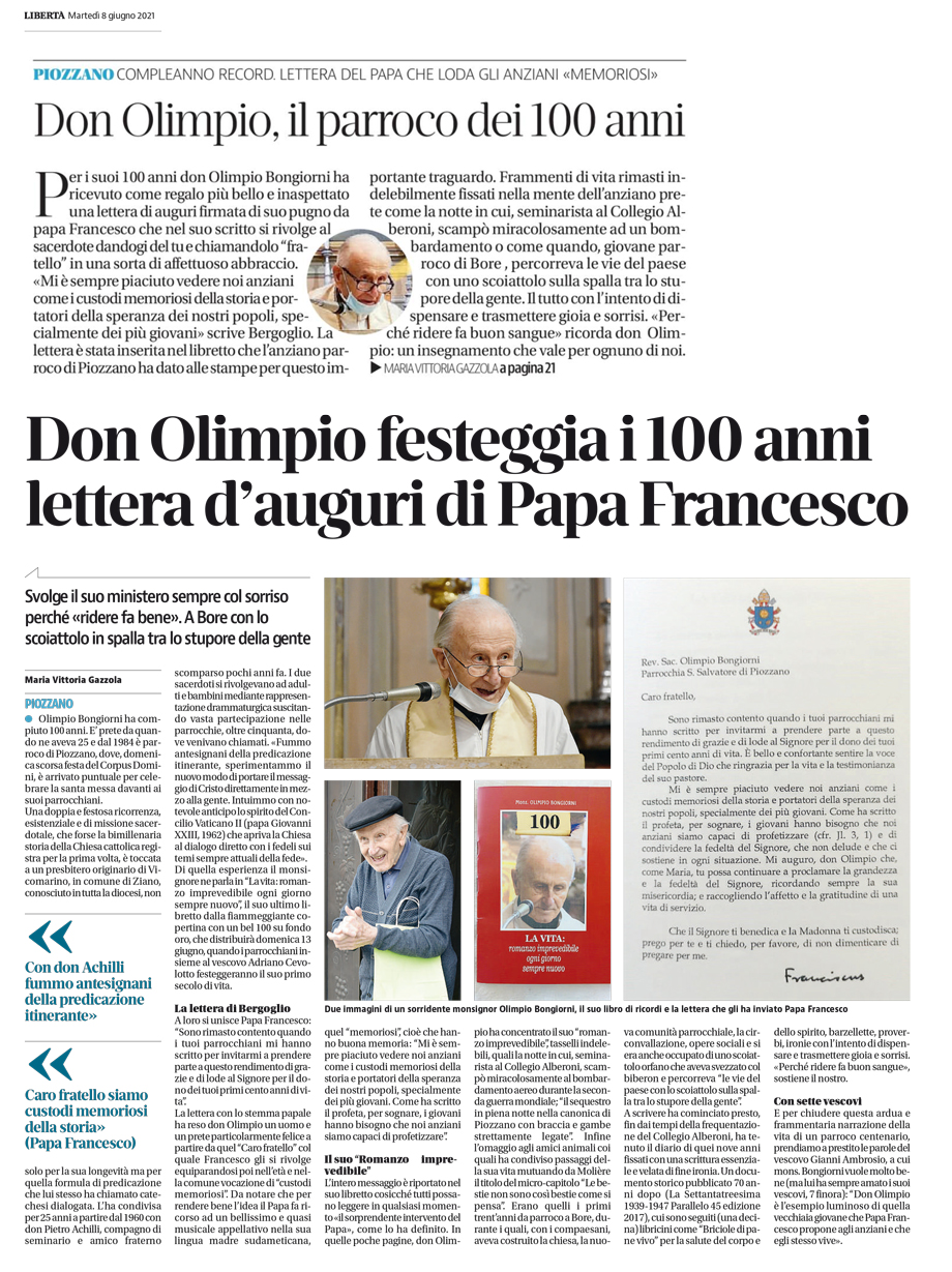 DON OLIMPIO FESTEGGIA I 100 ANNI LETTERA D'AUGURI DI PAPA FRANCESCO