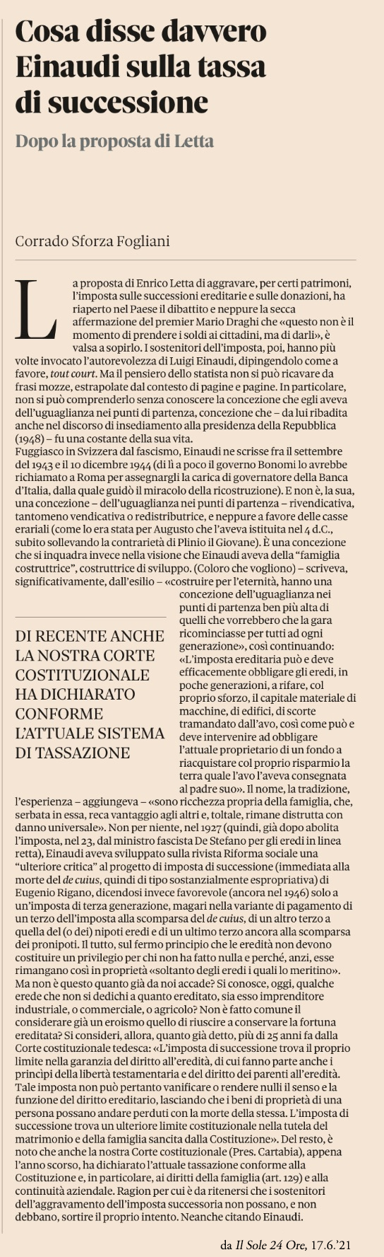 SFORZA FOGLIANI CONTRO L'IMPOSTA DI SUCCESSIONE EINAUDI NON LA VOLEVA