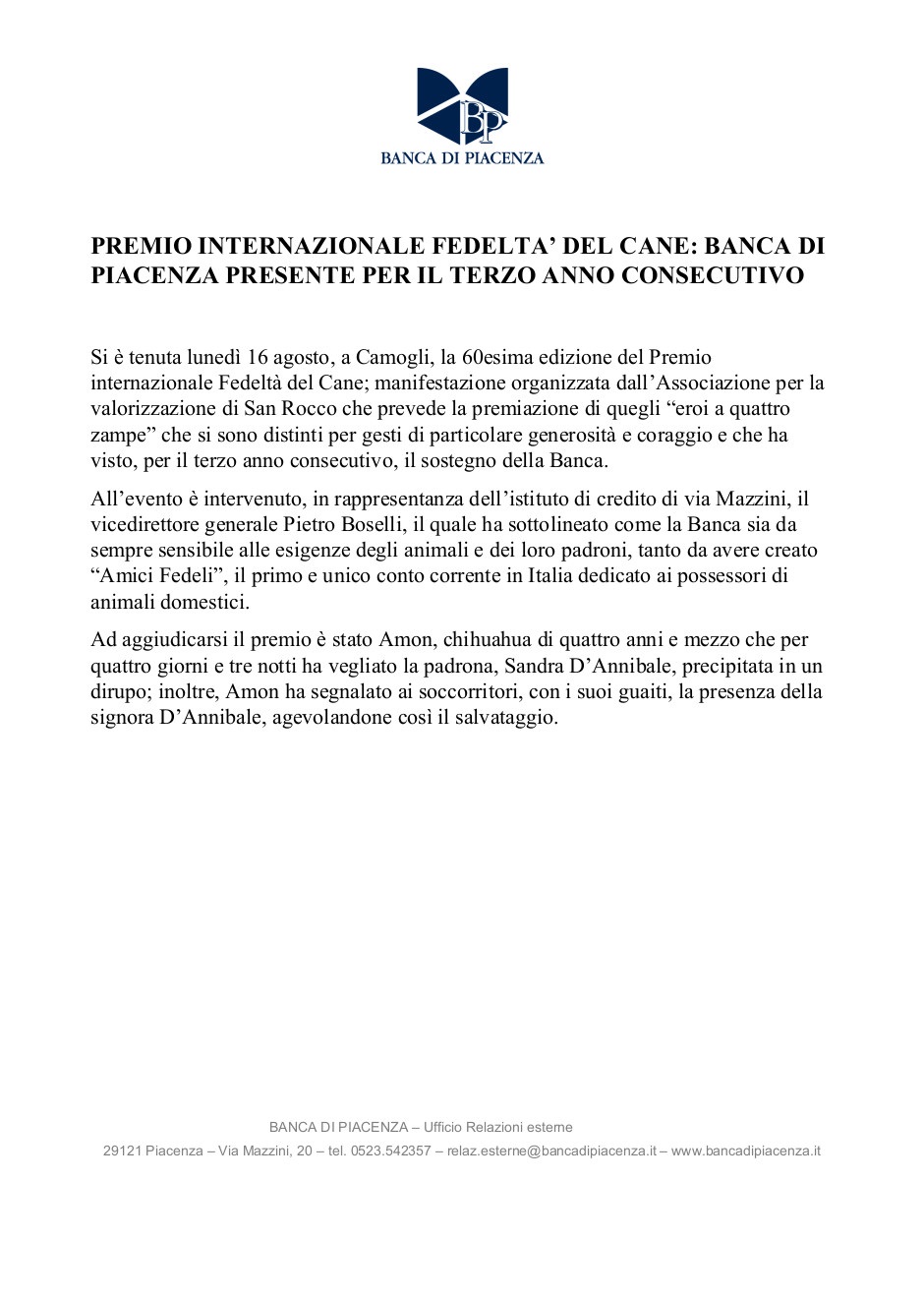 PREMIO INTERNAZIONALE FEDELTA' DEL CANE comunicato