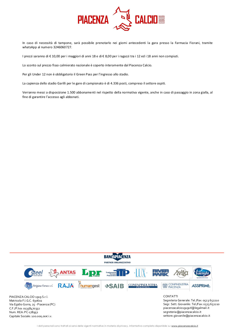 Piacenza campagna abbonamenti 21