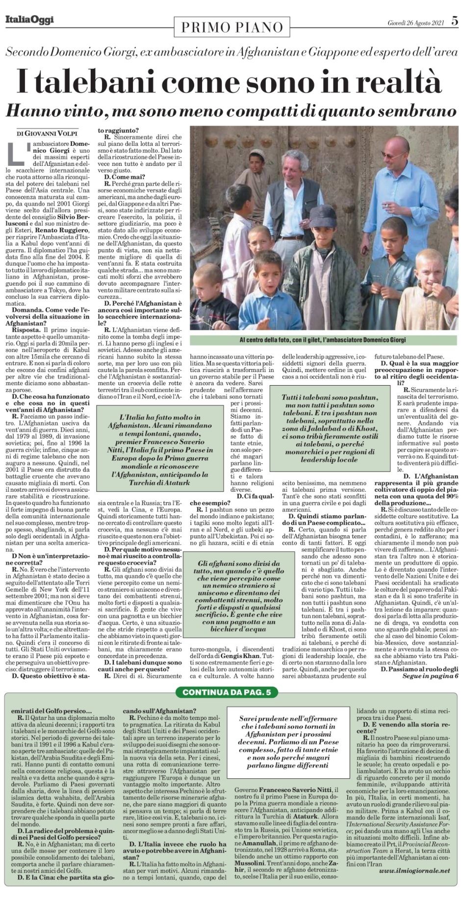 IL PIACENTINO AMBASCIATORE GIORGI SULL'ODIERNO AFGHANISTAN