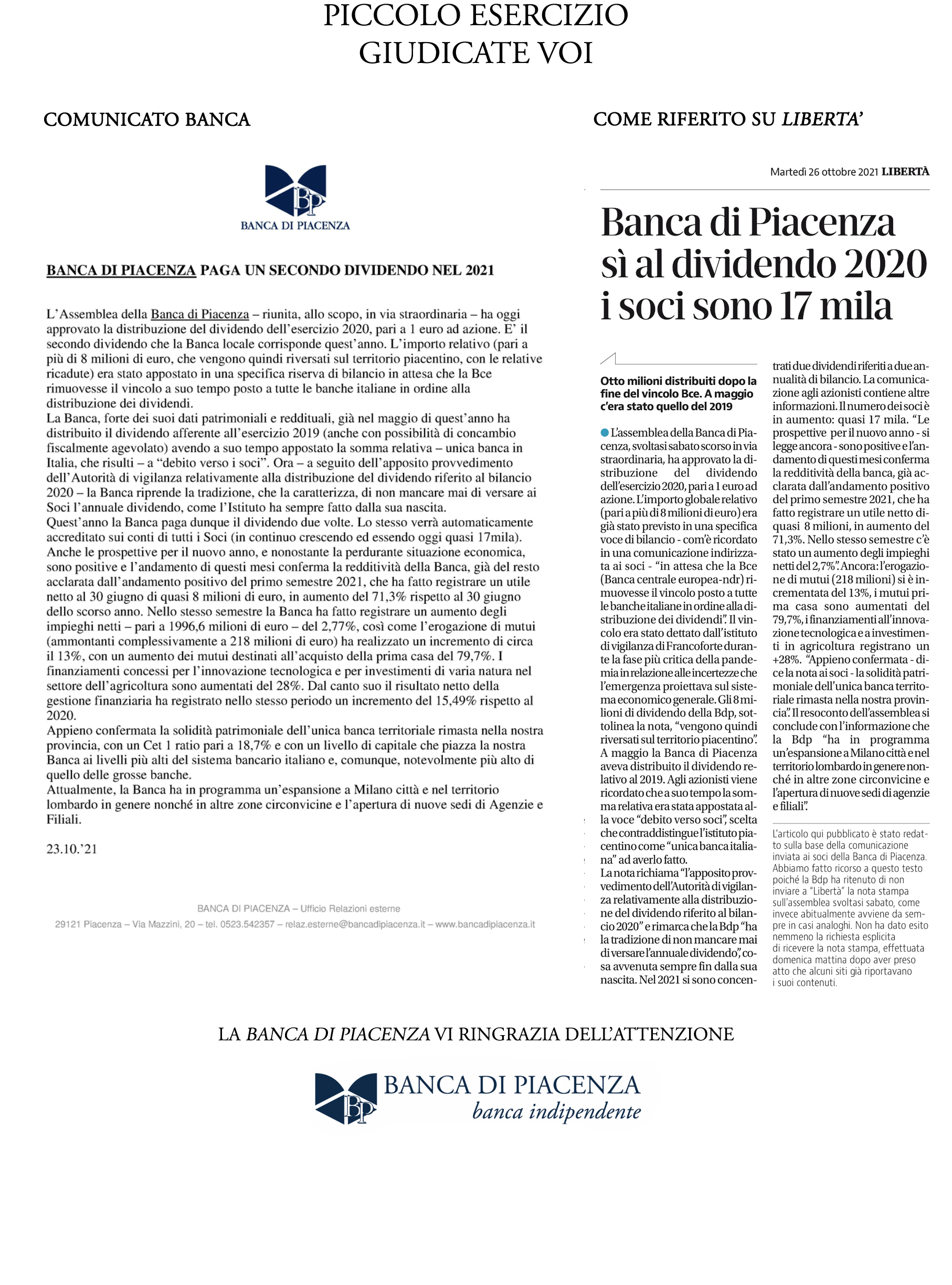 COMUNICATO BANCA ASSEMBLEA PICCOLO ESERCIZIO GIUDICATE VOI