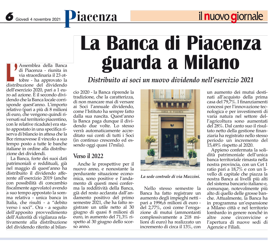 LA BANCA DI PIACENZA GUARDA A MILANO