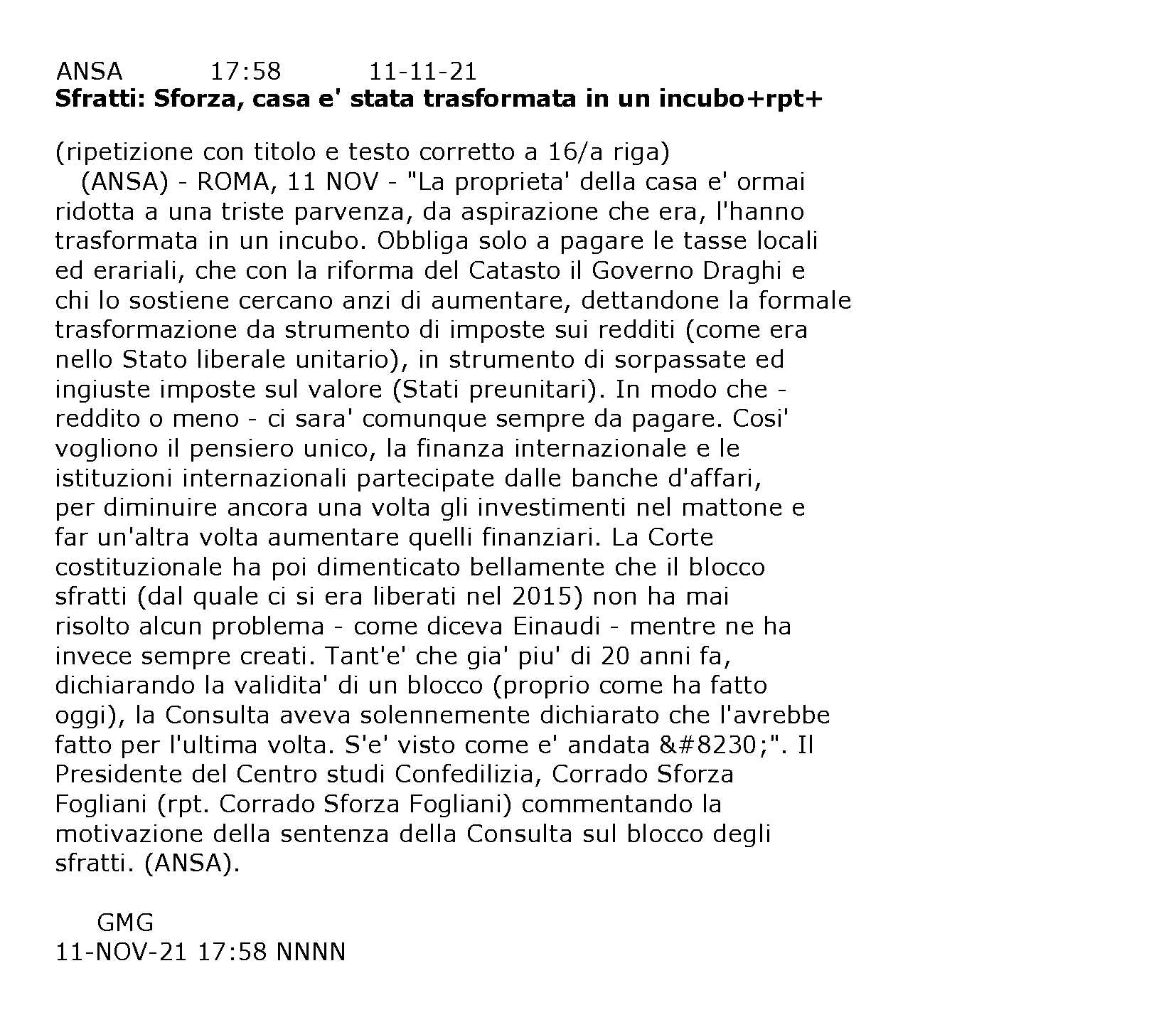 SFORZA FOGLIANI SUL BLOCCO SFRATTI