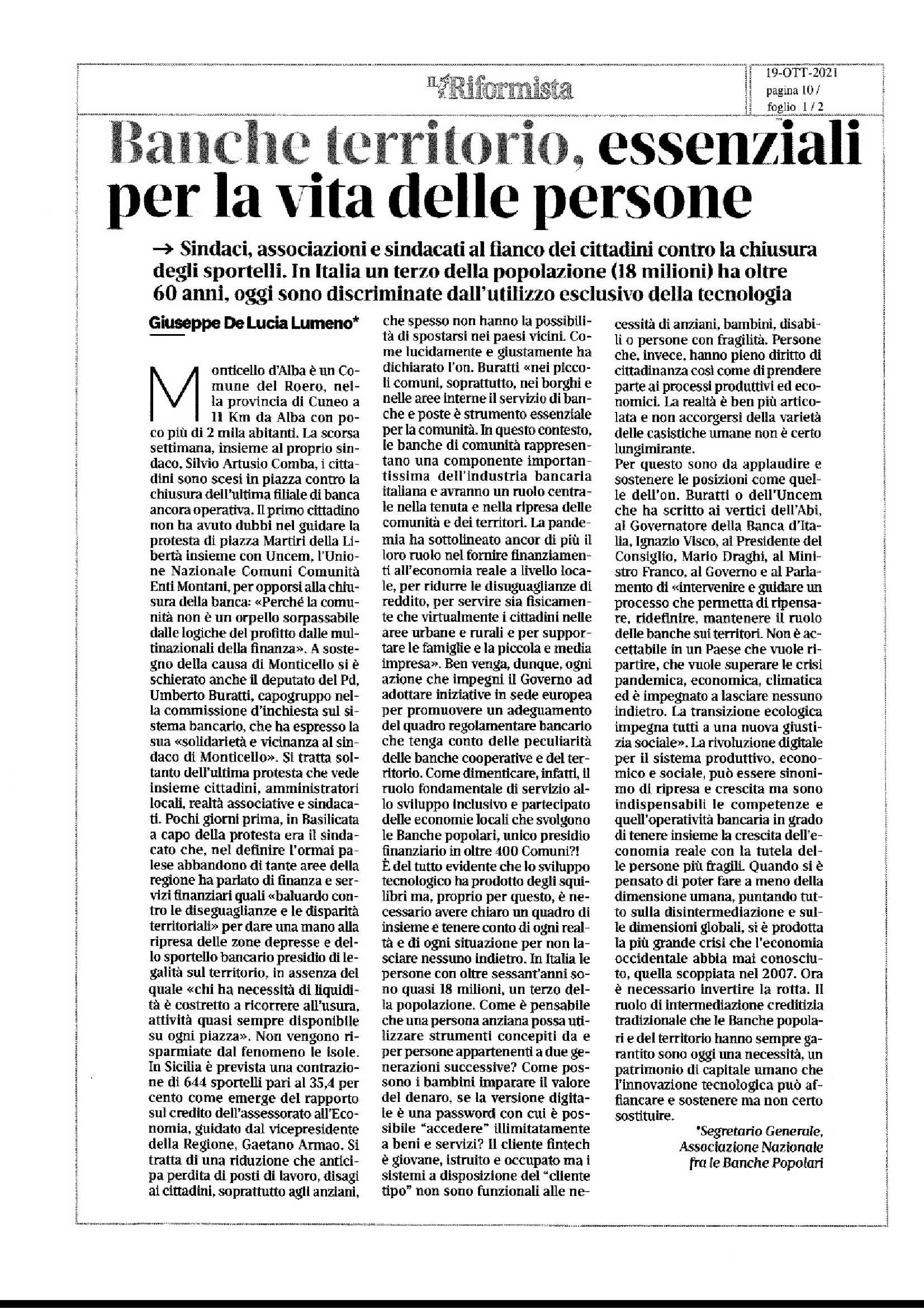 BANCHE TERRITORIO, ESSENZIALI PER LA VITA DELLE PERSONE
