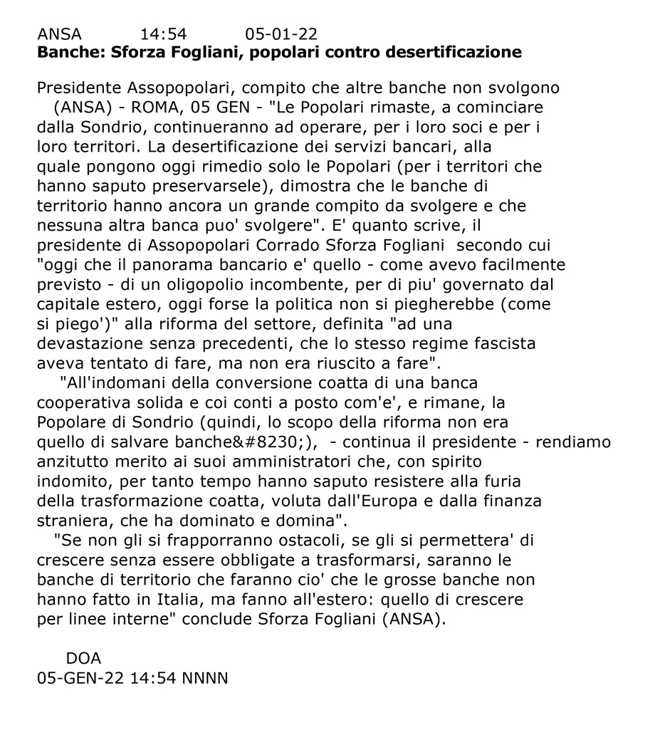 POPOLARI CONTRO LA DESERTIFICAZIONE DEL CREDITO