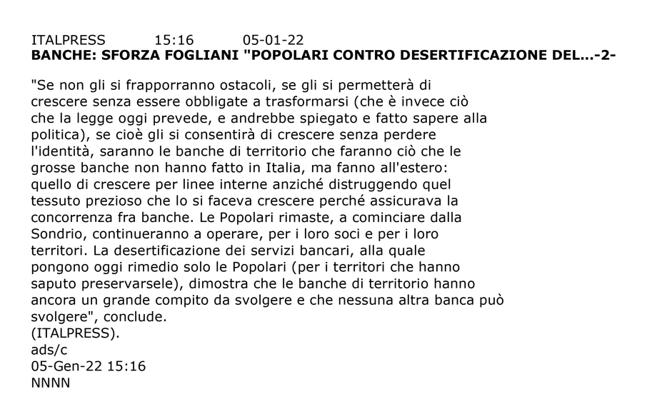 POPOLARI CONTRO LA DESERTIFICAZIONE DEL CREDITO