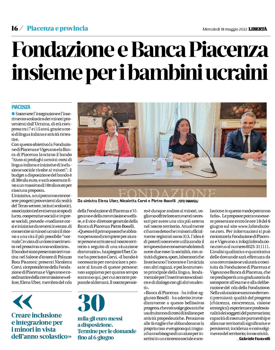 FONDAZIONE E BANCA PIACENZA INSIEME PER I BAMBINI UCRAINI