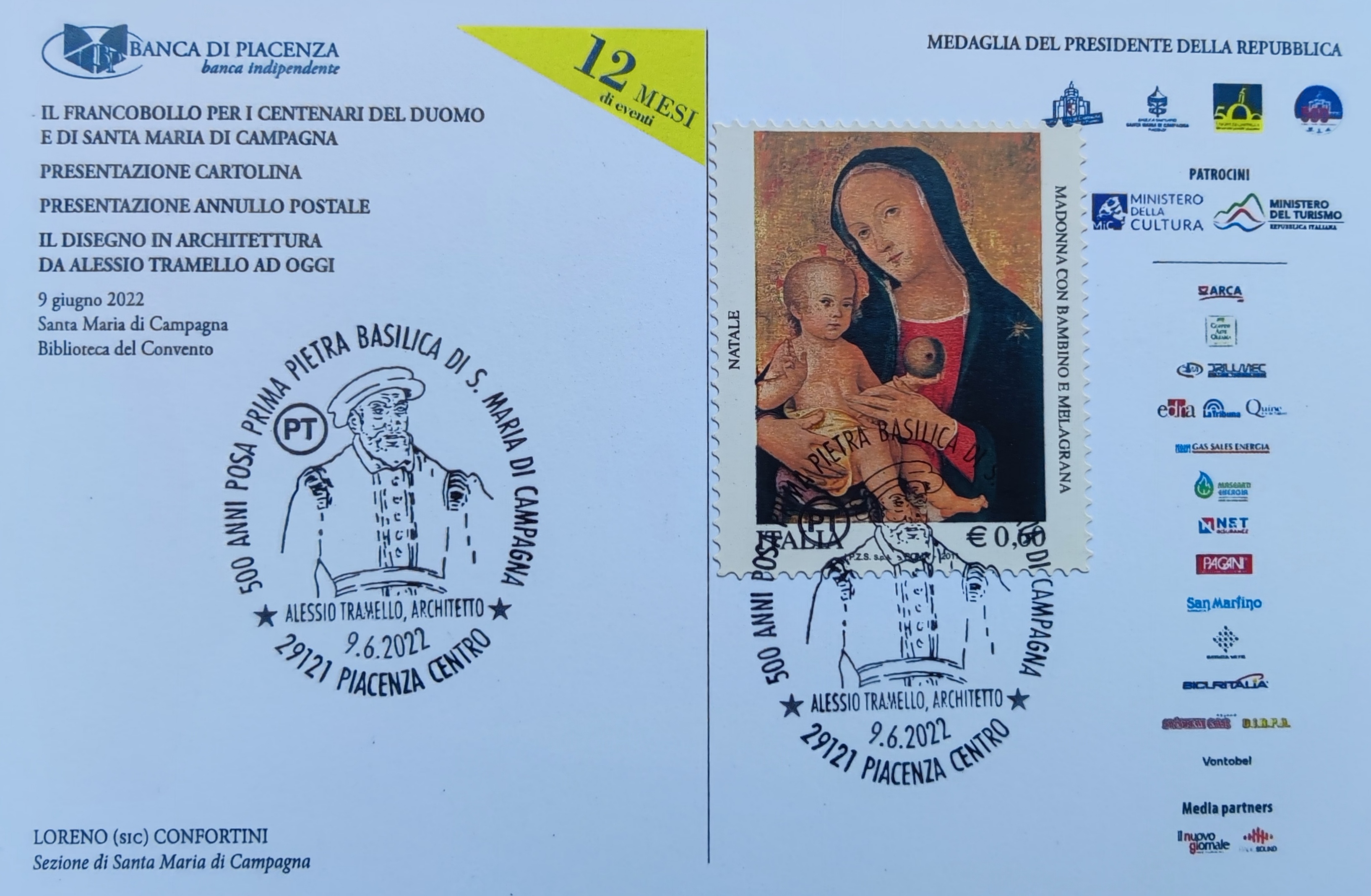 I 500 ANNI DI SANTA MARIA DI CAMPAGNA CELEBRATI CON L'ANNULLO POSTALE RAFFIGURANTE ALESSIO TRAMELLO