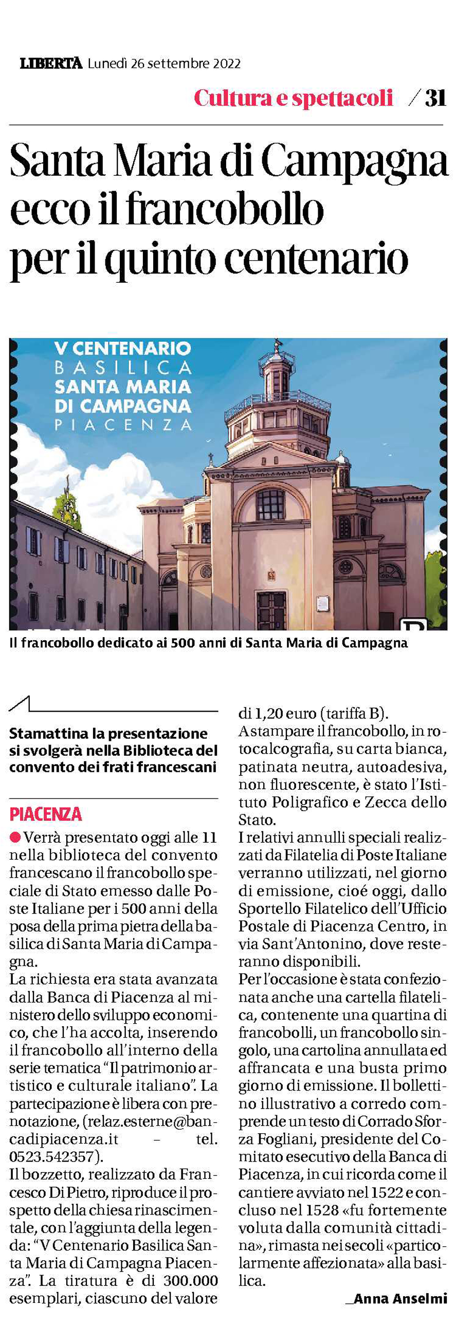 SANTA MARIA DI CAMPAGNA ECCO IL FRANCOBOLLO PER IL QUINTO CENTENARIO