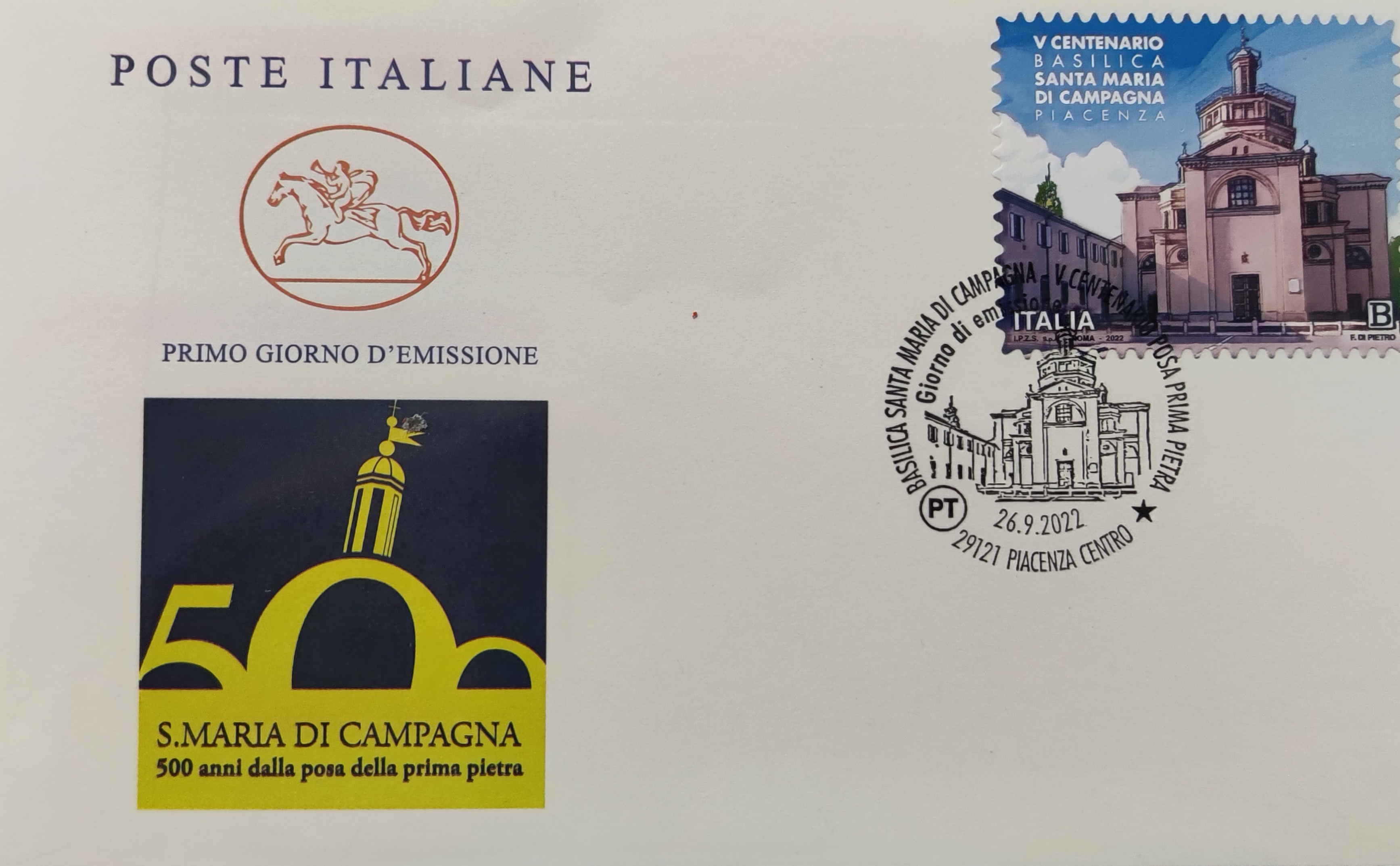 «CON IL FRANCOBOLLO DEDICATO AL V CENTENARIO DI S. MARIA DI CAMPAGNA LA BASILICA DELLA COMUNITÀ PIAC
