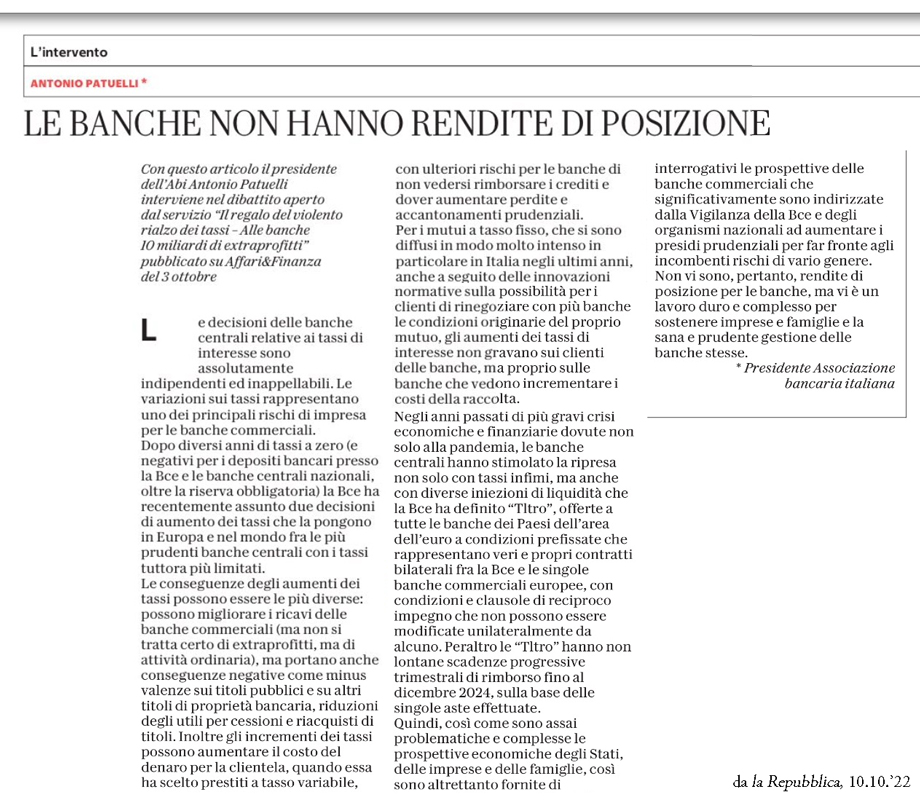LE BANCHE NON HANNO RENDITE DI POSIZIONE