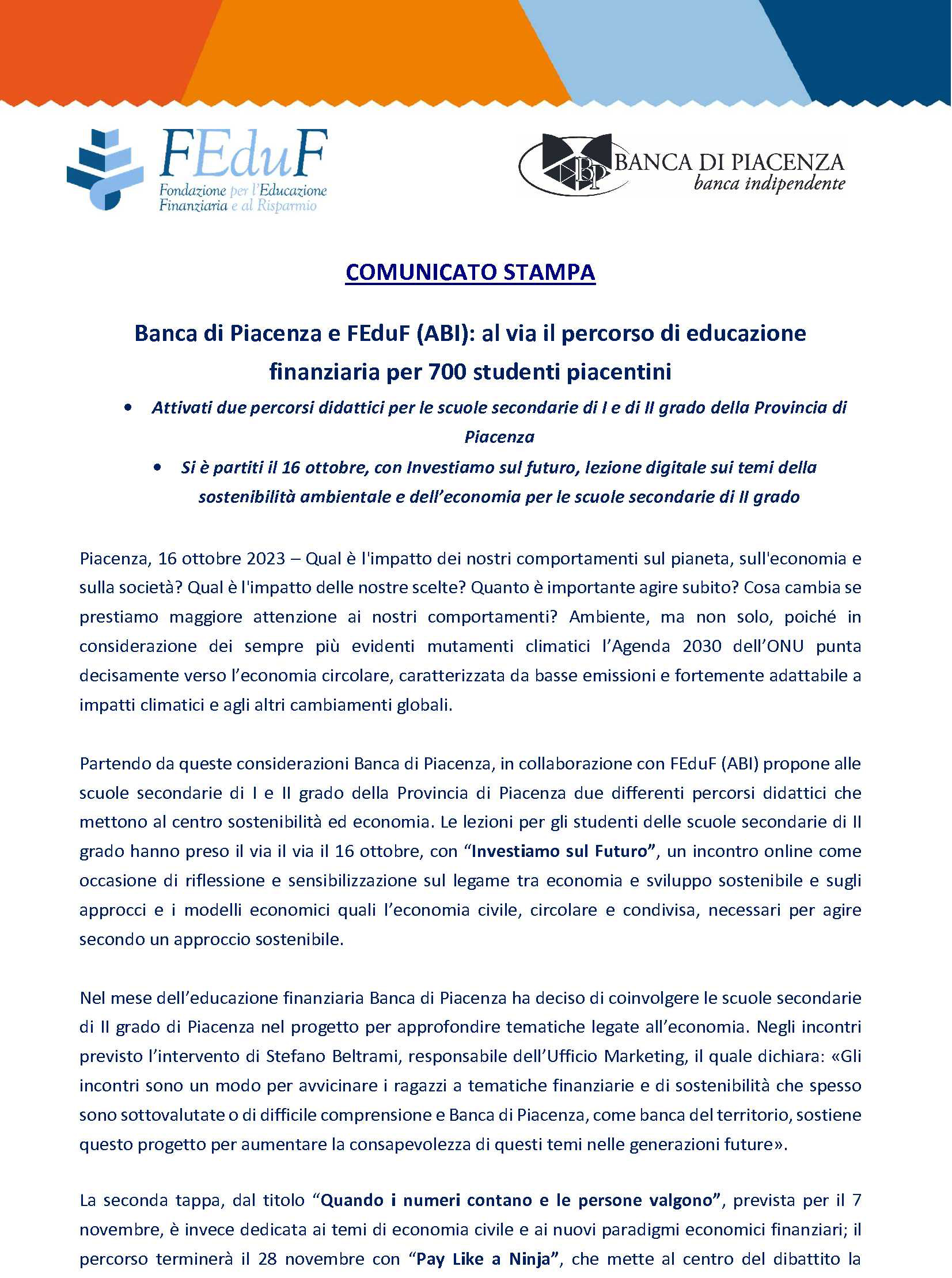 BANCA DI PIACENZA E FEDUF (ABI): AL VIA IL PERCORSO DI EDUCAZIONE FINANZIARIA PER 700 STUDENTI PIACE