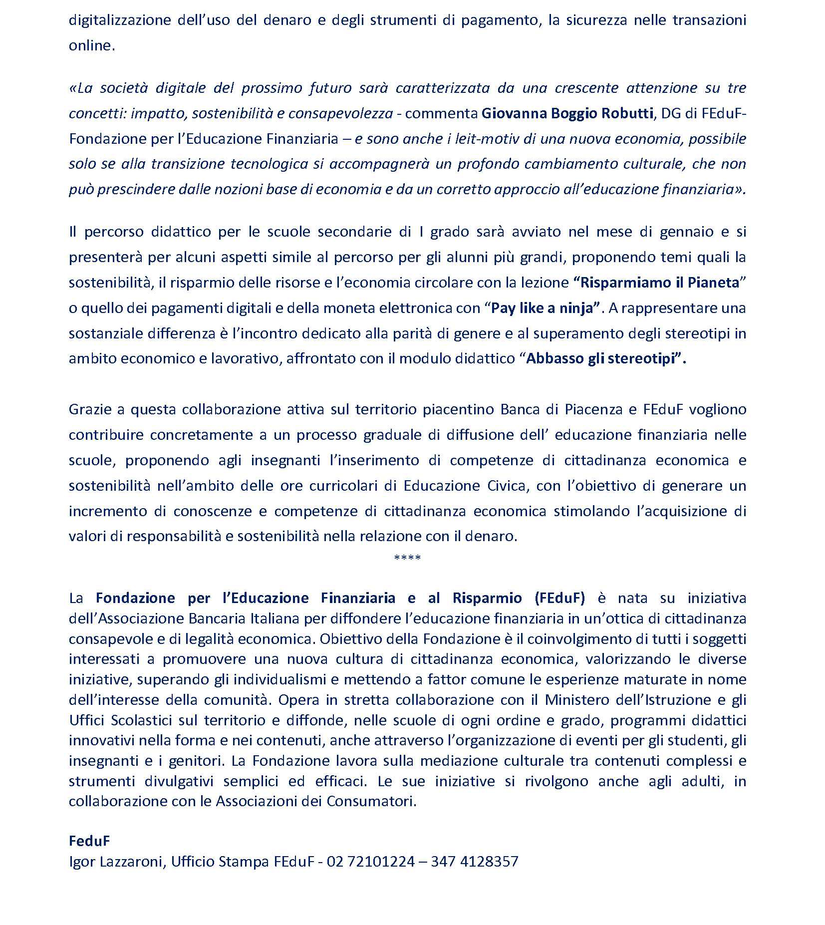BANCA DI PIACENZA E FEDUF (ABI): AL VIA IL PERCORSO DI EDUCAZIONE FINANZIARIA PER 700 STUDENTI PIACE