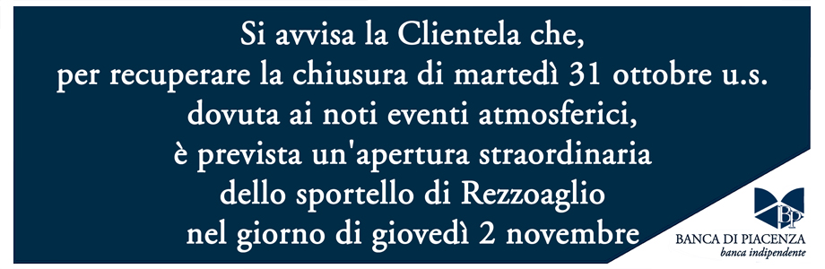 Apertura straordinario dello Sportello di Rezzoaglio