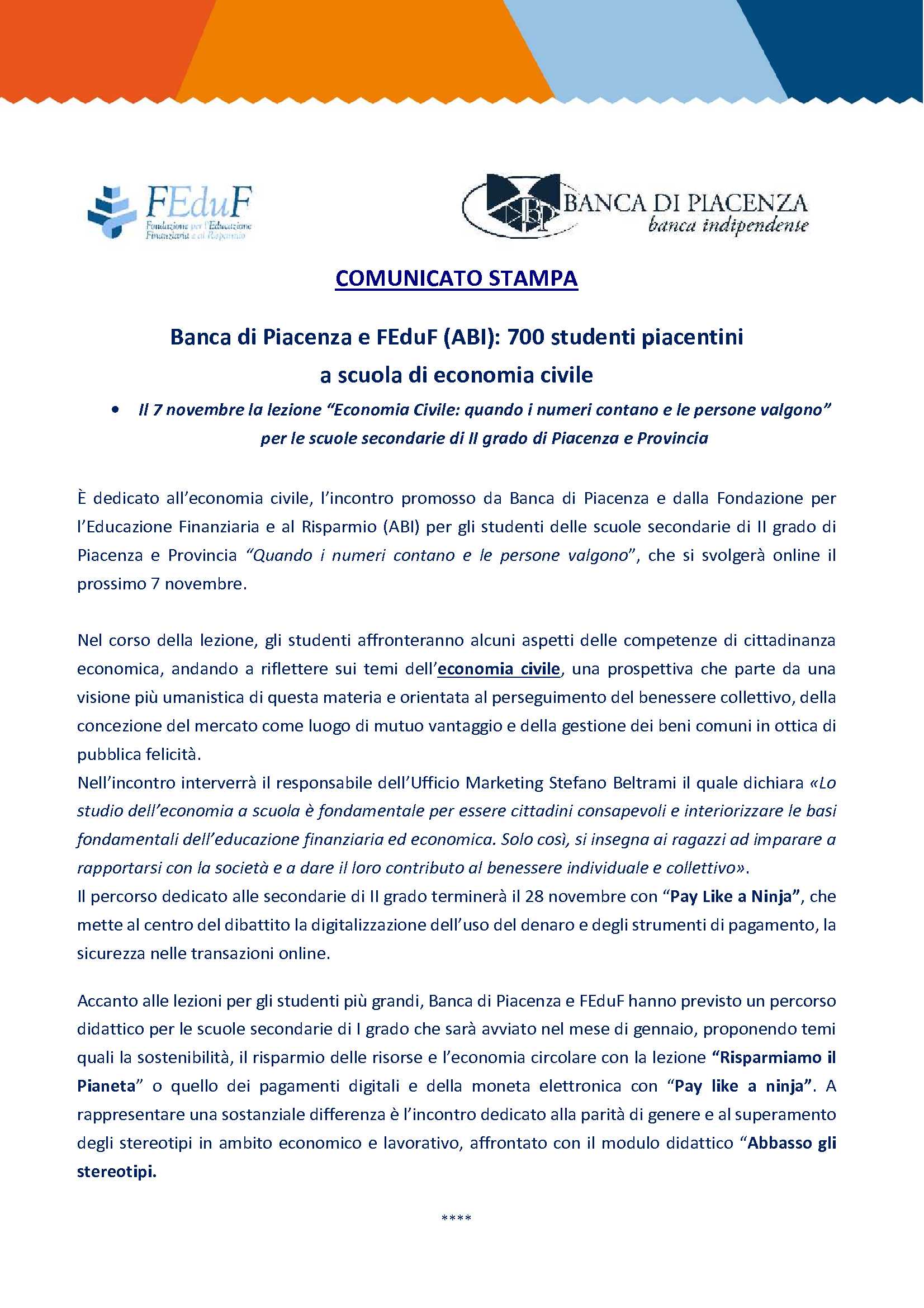 BANCA E FEDUF 700 STUDENTI PIACENTINI A SCUOLA DI ECONOMIA CIVILE