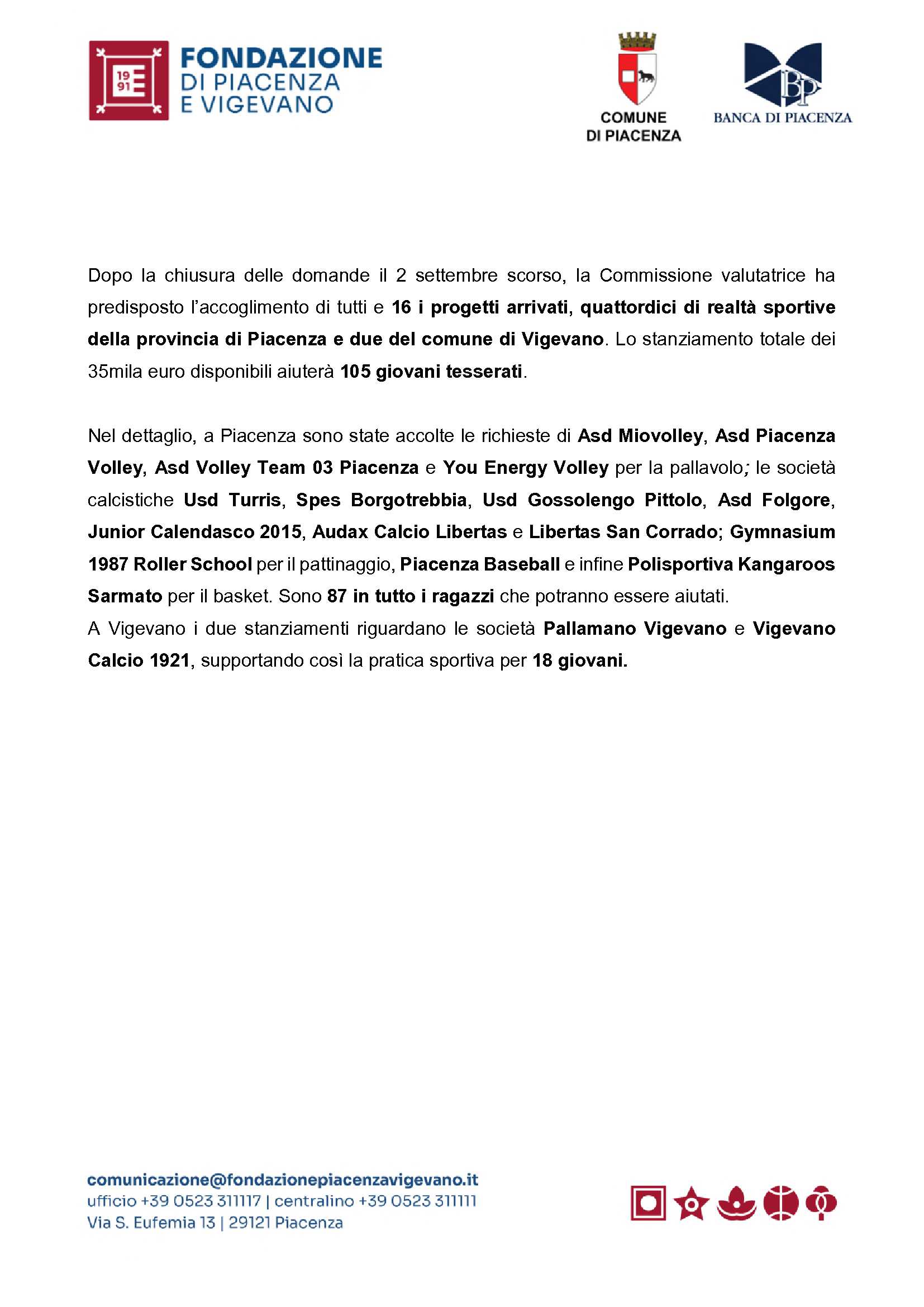 DAL FONDO SOCIALE PER LO SPORT  UN AIUTO A OLTRE CENTO GIOVANI